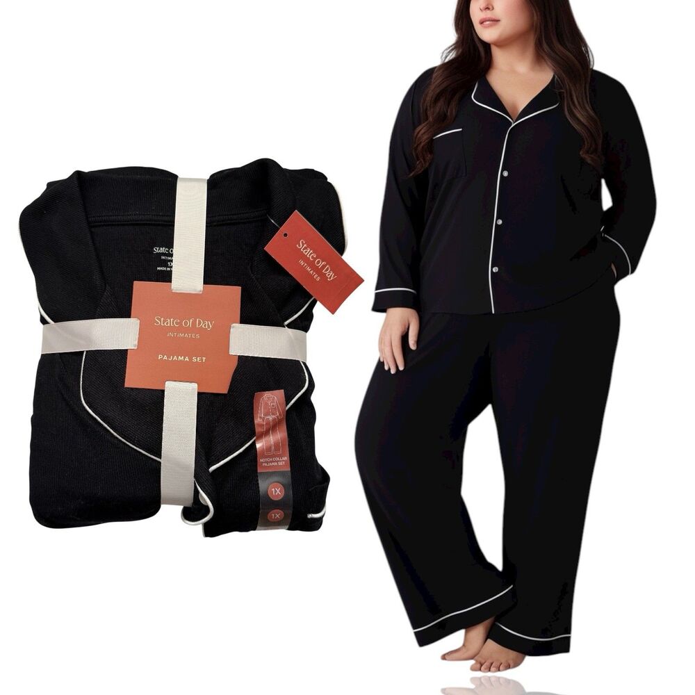 NWT State of Day Women's 2 Piece Ribbed Pajama Set Curvy Plus Size Deep Blue